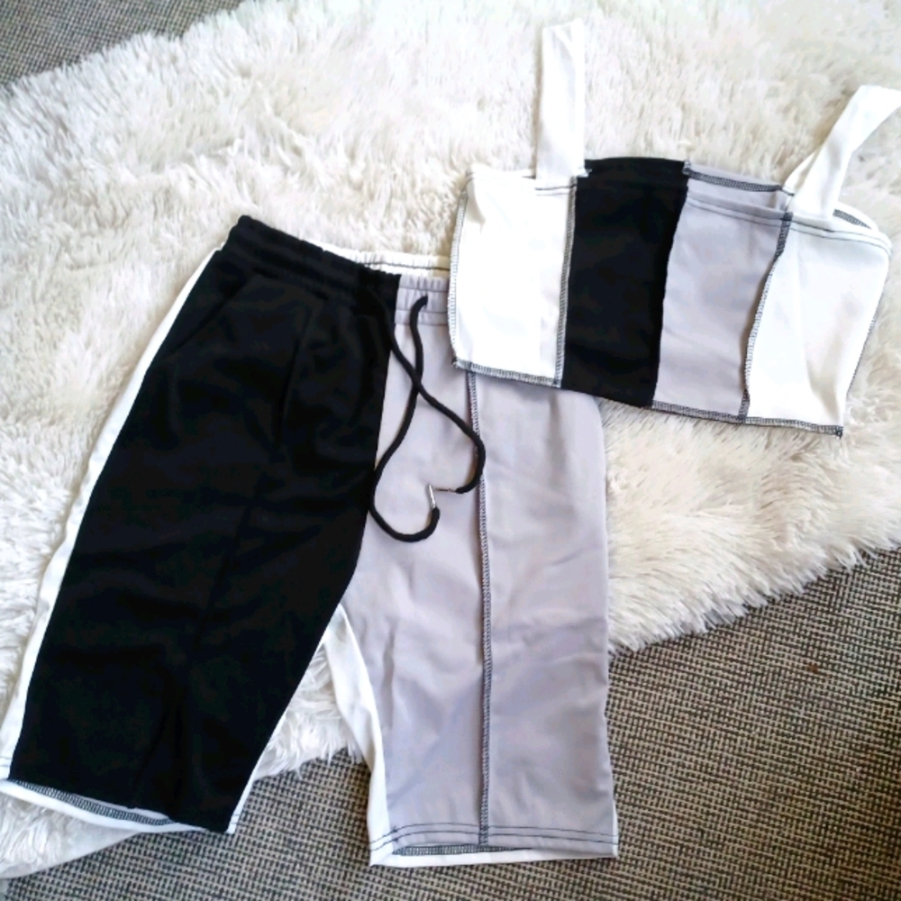 Black/White/Grey-Color Block Short Set
